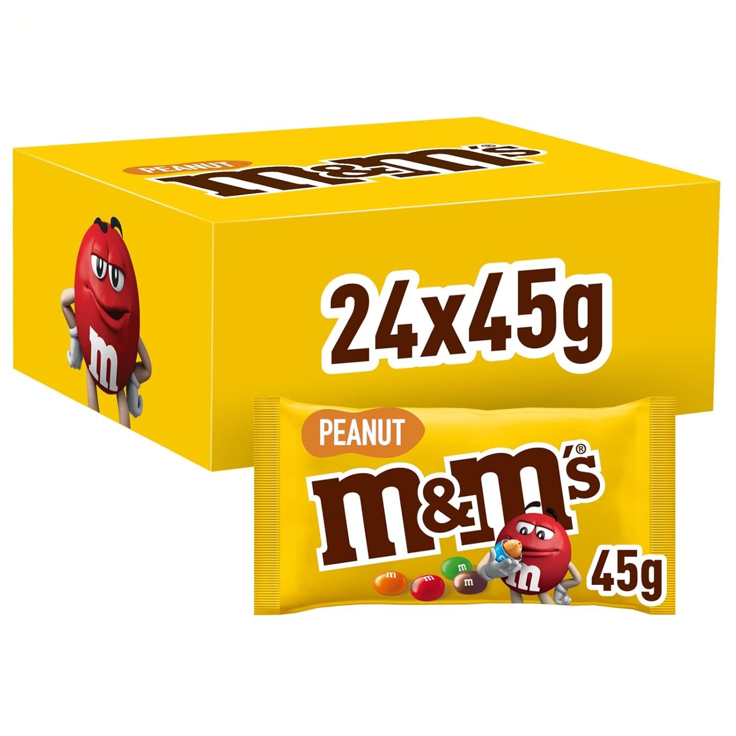 M&M's Peanut, chokolade stor pakke som chokolade, 24 x 45 g, jordnøddesmag chokoladelinser som slik, chokoladegave (1080 g)